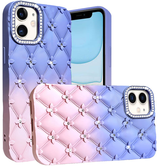 For Apple iPhone 11 Fashion Flower Design Sparkle Glitter Shimmer Rhinestone Bling Floral Accents, Leather Texture TPU Case Cover Light Blue /Light Pink