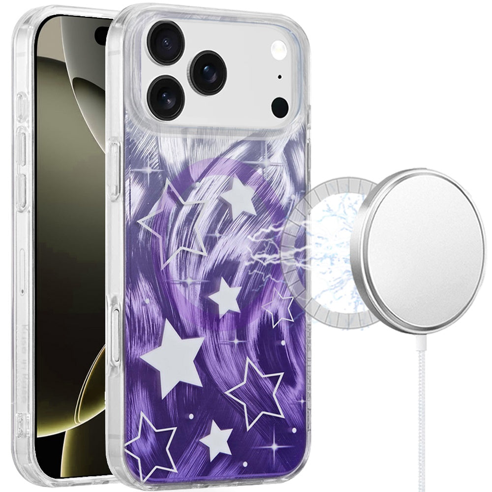 For Apple iPhone 17 AIR Stylish Pattern Fashion IMD Printed Design TPU Double Layer Slim Shockproof with Magnetic Back Case Cover Gradient Purple Star