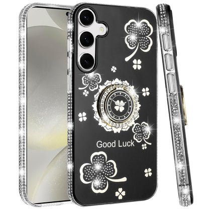 For Samsung Galaxy S25 /S24 Diamonds Bling All Around Edges Sparkly Glitter Hybrid with Ring Stand Holder Fashion Good Luck Case Cover