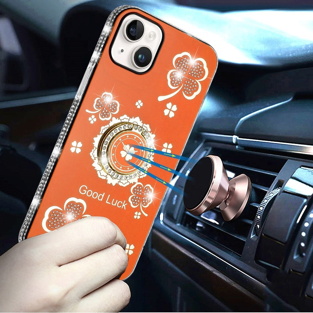For Apple iPhone 15 Diamonds Bling All Around Edges Sparkly Glitter Hybrid with Ring Stand Holder Fashion Good Luck Case Cover Cosmic Orange