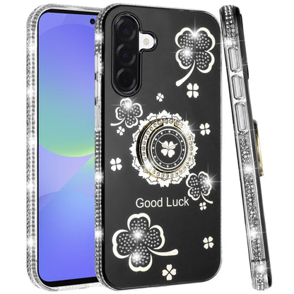 For Samsung Galaxy A37 Diamonds Bling All Around Edges Sparkly Glitter Hybrid with Ring Stand Holder Fashion Good Luck Case Cover