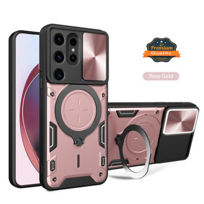 For Samsung Galaxy S25 Ultra Hybrid Shockproof with Magnetic Ring Stand, Compatible with Magsafe & Sliding Camera Lens Protector Case Cover
