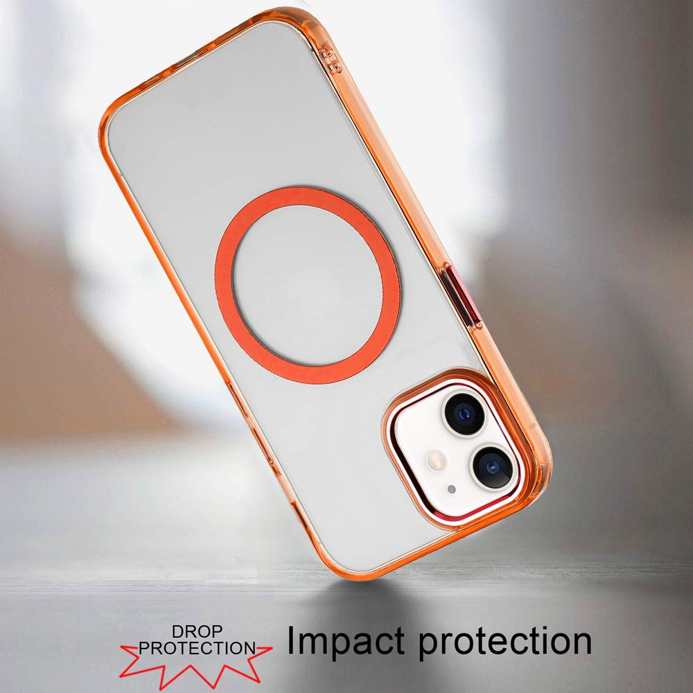 For iPhone 12 / iPhone 12 Pro (6.1") Transparent Back Hybrid Case - Magnetic Circle, Color Frame, Metal Buttons, MagSafe Compatible Case Cover