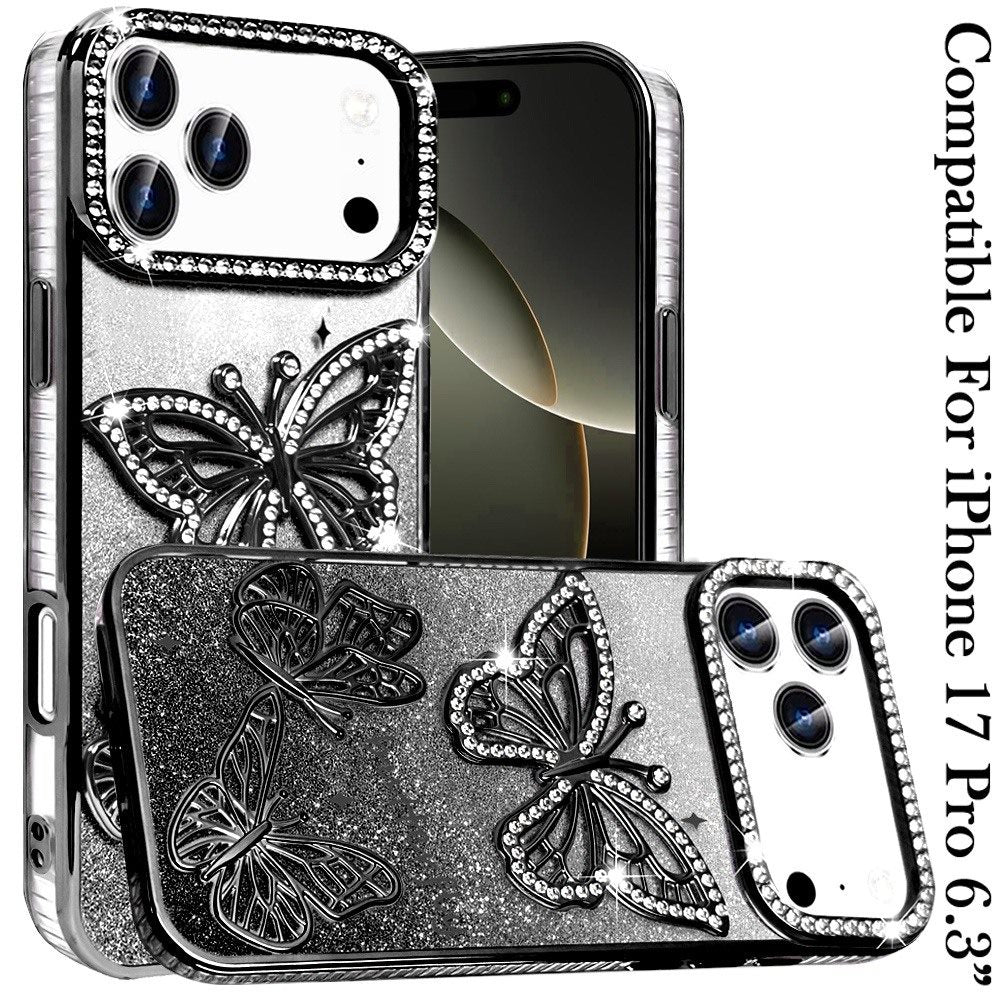 For Apple iPhone 17 Pro (6.3") Luxury Butterfly Sparkle Glitter Diamond Crystal Rhinestone Shimmer Bling Plating Thick TPU Hard PC Case Cover