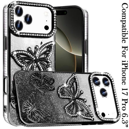 For Apple iPhone 17 Pro (6.3") Luxury Butterfly Sparkle Glitter Diamond Crystal Rhinestone Shimmer Bling Plating Thick TPU Hard PC Case Cover