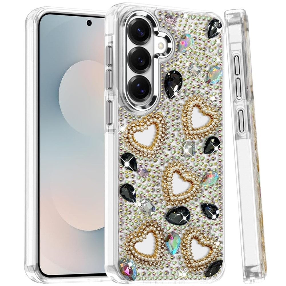Phone Case for Galaxy S25 FE Fan Edition Luxury Crystal Heart Rhinestone Diamond Bling Shockproof Hybrid Glitter Protective Stylish Durable Grip Cover