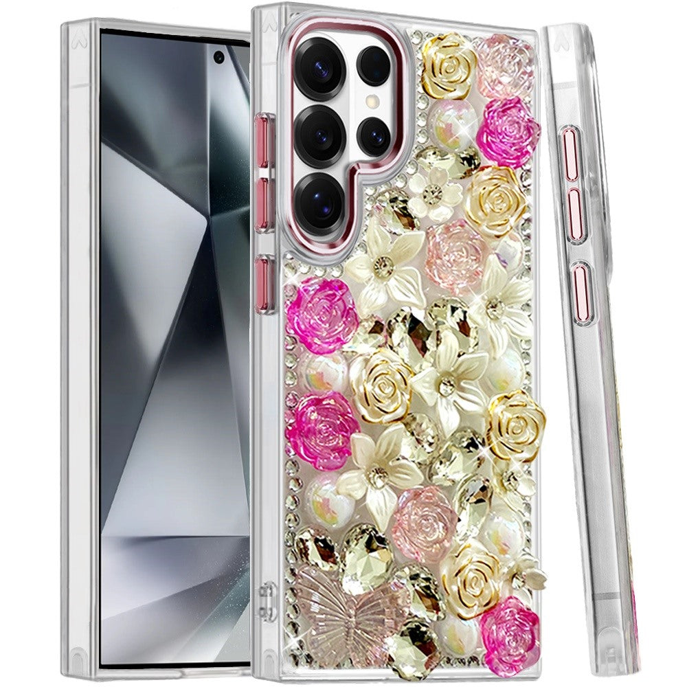 Phone Case for Samsung Galaxy S24 Ultra Luxury Rose Bling Rhinestone Glitter Floral Hybrid Shockproof Stylish Protective Designer Ornament Sparkle Cover