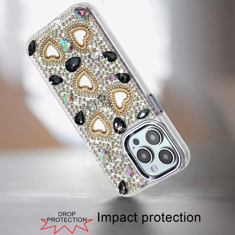 Phone Case for Apple iPhone 15 Pro Max Luxury Crystal Heart Rhinestone Diamond Bling Shockproof Hybrid Glitter Protective Stylish Durable Grip Cover