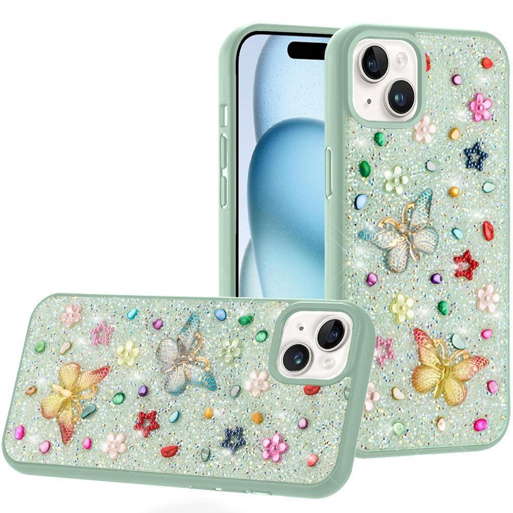Phone Case for iPhone 15 Plus (6.7") 3D Butterfly Diamond Bling Glitter Shockproof Stylish Protective Luxury Hybrid Sparkly Durable Grip Design Cover Teal