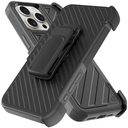 For Apple iPhone 16 Pro Max (6.9") Premium Design Hybrid lined with Belt Clip Holster Shockproof Rugged Textured 2in1 Non Slip Tough Case Cover Gray