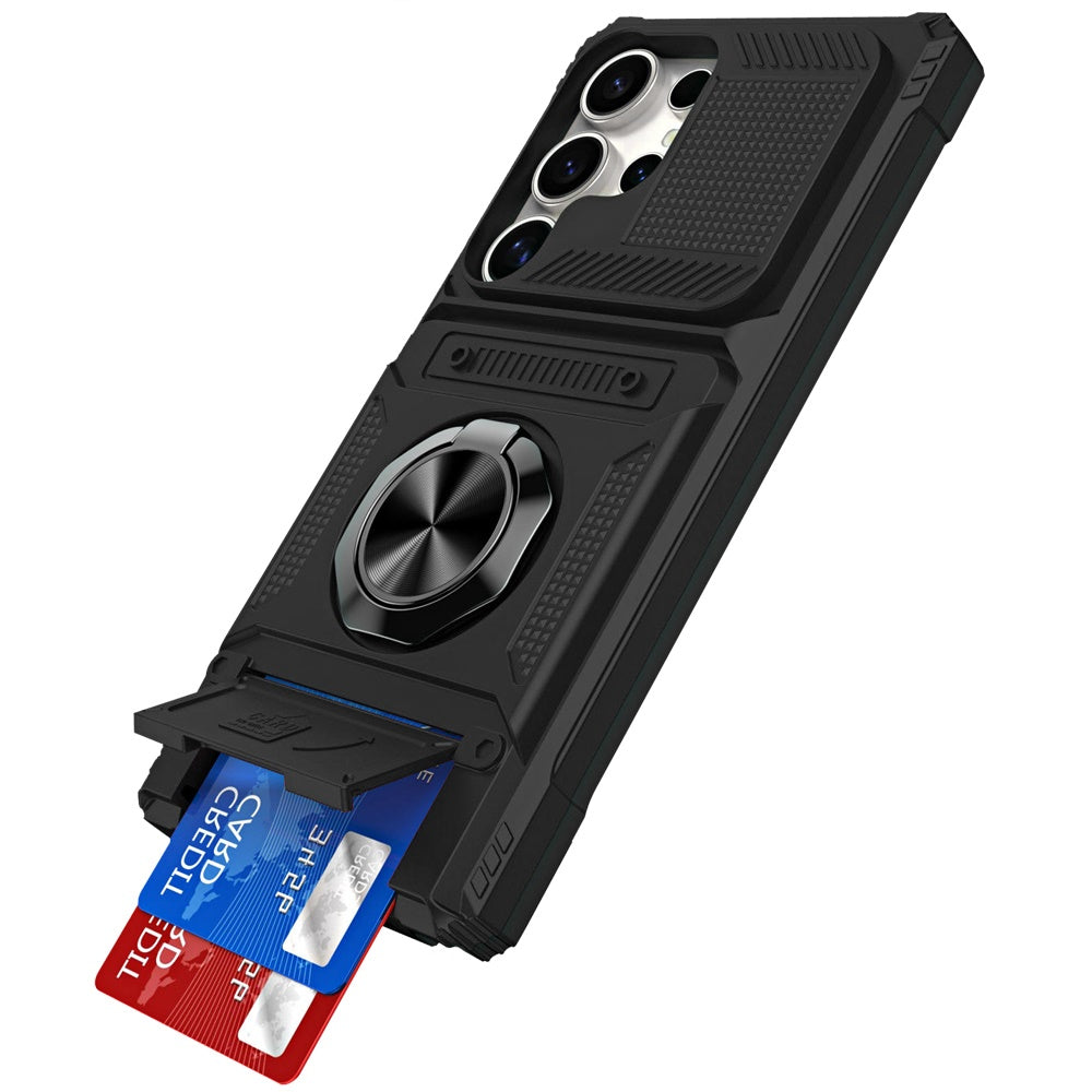 For Apple iPhone 17E /16E 2X Card Slot Metal Ring Stand Hybrid Shockproof Heavy Duty Drop Protection Multi Functional Design Case Cover