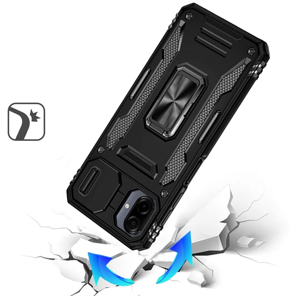 For Samsung Galaxy A07 Tough Hybrid Case with Movable Camera Window & Metal Ring Stand Shockproof Case Cover