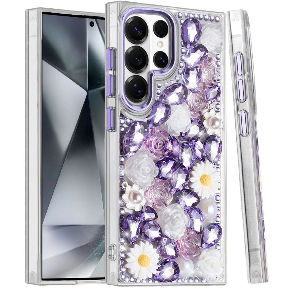Phone Case for Samsung Galaxy S24 Ultra Full Bling Rhinestone Glitter Floral Luxury Hybrid Shockproof Stylish Sparkling Protective Designer Ornament Cover