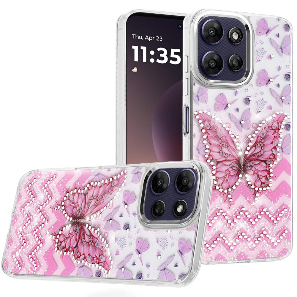 Phone Case for Motorola Moto G Power 5G 2026 /2025 Butterfly Resin Epoxy Diamond Bling Metal Edge Shockproof Hybrid Luxury Protective Durable Stylish Fashion Grip Cover Pink