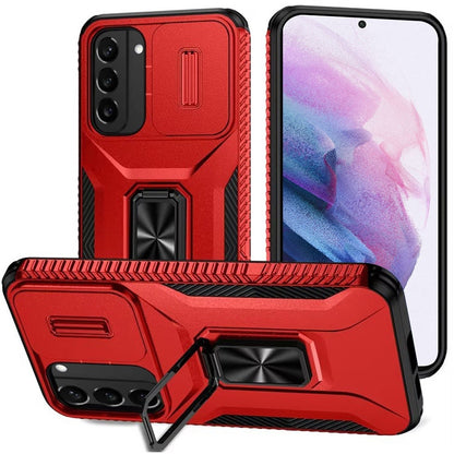 For Samsung Galaxy S21 Case, Camera Cover with Magnetic Rotation Ring Stand, Military Grade Hybrid Hard TPU Shockproof Case Cover Red