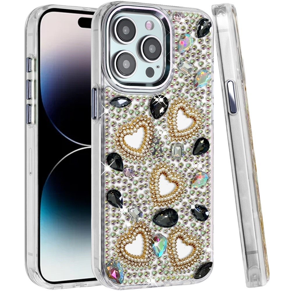 Phone Case for Apple iPhone 14 Pro Max Luxury Crystal Heart Rhinestone Diamond Bling Shockproof Hybrid Glitter Protective Stylish Durable Grip Cover