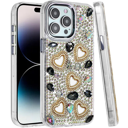 Phone Case for Apple iPhone 14 Pro Max Luxury Crystal Heart Rhinestone Diamond Bling Shockproof Hybrid Glitter Protective Stylish Durable Grip Cover