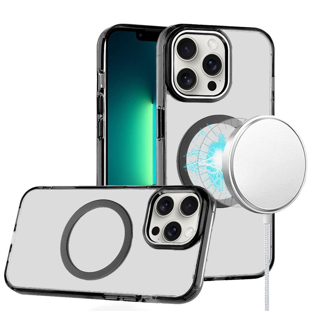 For Apple iPhone 13 Pro Max Transparent Back Hybrid Case - Magnetic Circle, Color Frame, Metal Buttons, MagSafe Compatible Case Cover