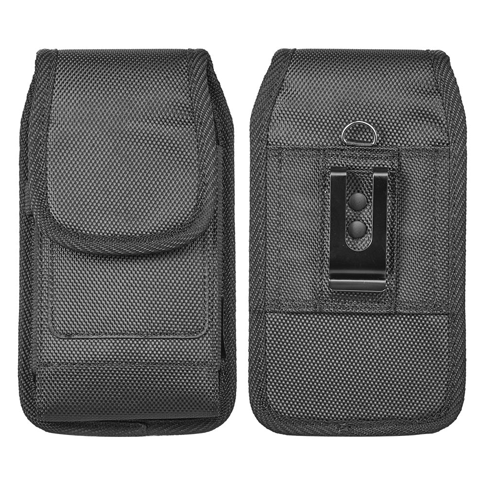 For Apple iPhone 16 Pro (6.3") Universal Nylon Pouch Case Vertical Phone Holster with Dual Card Slots, Pen Holder, Belt Clip Loop & Hook Cover [Black]