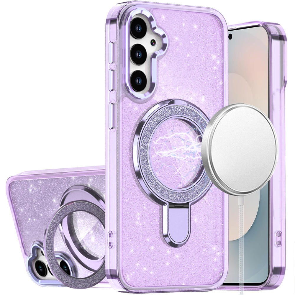 For Samsung Galaxy S25 FE /S25 Fan Edition Transparent Glitter Bling Case with Rotating Magnetic Ring Stand, Shockproof Hybrid Case Cover Light Purple