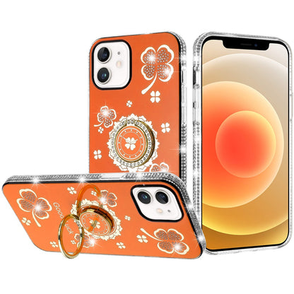 For Apple iPhone 12 /12 Pro Diamonds Bling All Around Edges Sparkly Glitter Hybrid with Ring Stand Holder Fashion Good Luck Case Cover Cosmic Orange