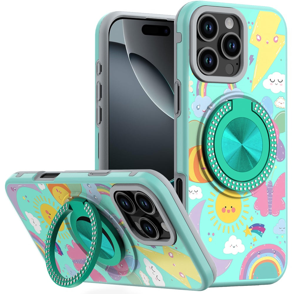 For iPhone 16 Pro Max (6.9") Pattern Design Hybrid with Invisible Ring Stand & Magnetic Back, Shockproof Protective Grip Case Cover