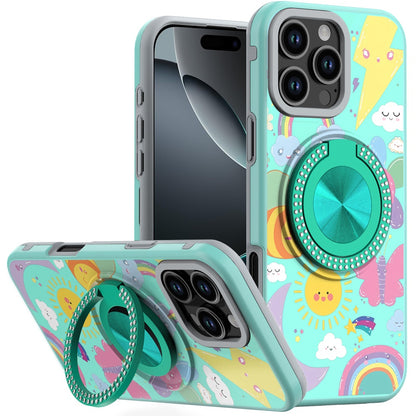 For iPhone 16 Pro Max (6.9") Pattern Design Hybrid with Invisible Ring Stand & Magnetic Back, Shockproof Protective Grip Case Cover