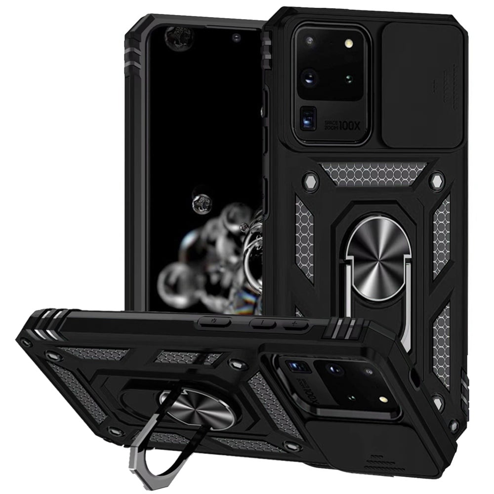 Phone Case for Samsung Galaxy S20 Ultra Shockproof Magnetic Ring Stand Camera Guard Rugged Grip Anti Slip Heavy Duty Hybrid Armor Durable Matte Cover Black
