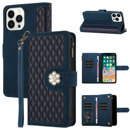 For Apple iPhone 16e (E edition) PU Leather Wallet Design Jewel Bling with Credit Card Holder Flip Folio Pouch Zipper Purse Wrist Strap Case Cover
