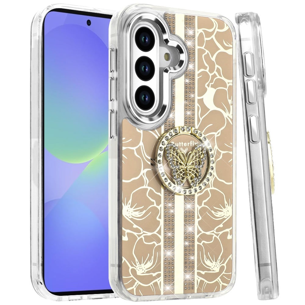 Phone Case for Samsung Galaxy A56 / A36 Floral Butterfly Ring Stand Glitter Bling Shockproof Hybrid Luxury Fashion Protective Anti Slip Durable Grip Cover