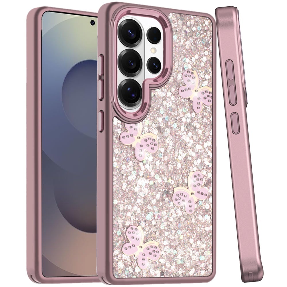 Phone Case for Samsung Galaxy S25 Ultra Cute Butterfly Diamond Glitter Metallic Hybrid Shockproof Shimmer Grip Stylish Protective Luxury Designer Cover