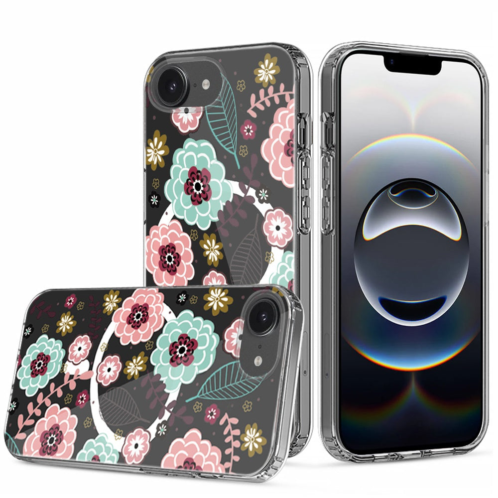 For Apple iPhone 17E /16E Hybrid Flower Design Stylish Fashion Case, MagSafe Compatible, Thick Shockproof Hard PC Case Cover