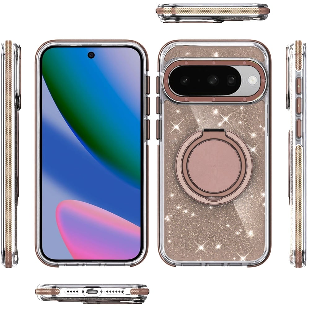 For Google Pixel 10 / 10 Pro Slim Bling Glitter Sparkly Shimmer Hybrid with Magnetic Ring and 360° Rotational Stand [Compatible with Magsafe] Case Cover