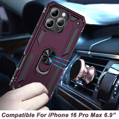 Phone Case for iPhone 16 Pro Max Rotatable Ring Stand Shockproof Hybrid Armor Anti Slip Heavy Duty Fit Magnetic Car Mount Durable Grip Cover Purple