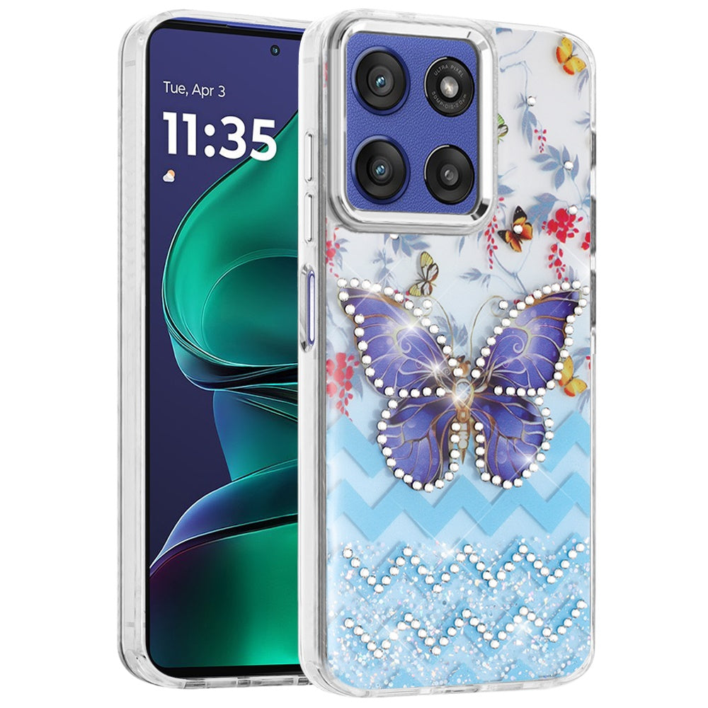 For Motorola Moto G Stylus 5G 2026 /2025 Butterfly Resin Epoxy Diamond Design Metal Edged Hybrid Shockproof Heavy Duty Drop Protection Case Cover