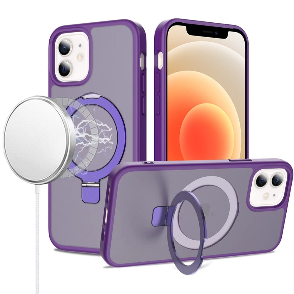 For iPhone 12 / iPhone 12 Pro (6.1") Magnetic Circle Back with Ring Stand Full Rotation Matte Hybrid Shockproof Case Cover Dark Purple