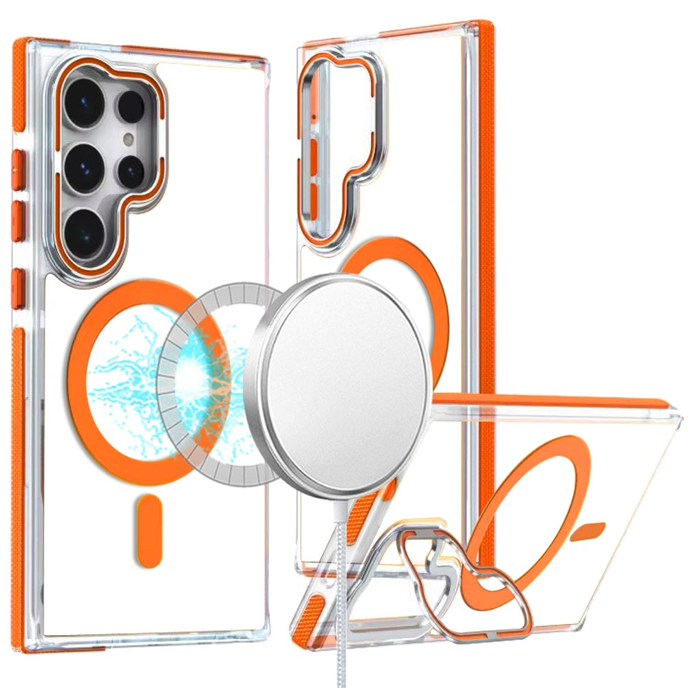 For Samsung Galaxy S25 /S24 Hybrid Clear Back Case with Invisible Camera Bracket Stand, MagSafe Magnetic Circle, Shockproof Color Frame Case Cover