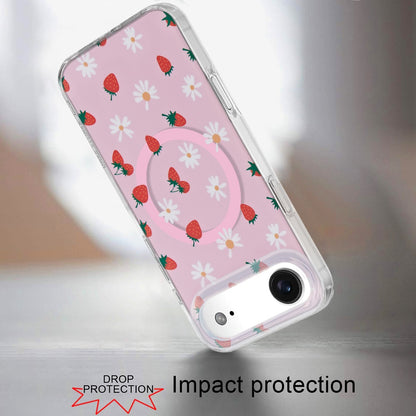 For Apple iPhone 17 Stylish Pattern Fashion IMD Printed Design TPU Double Layer Slim Shockproof with Magnetic Back Case Cover Strawberry Daisy