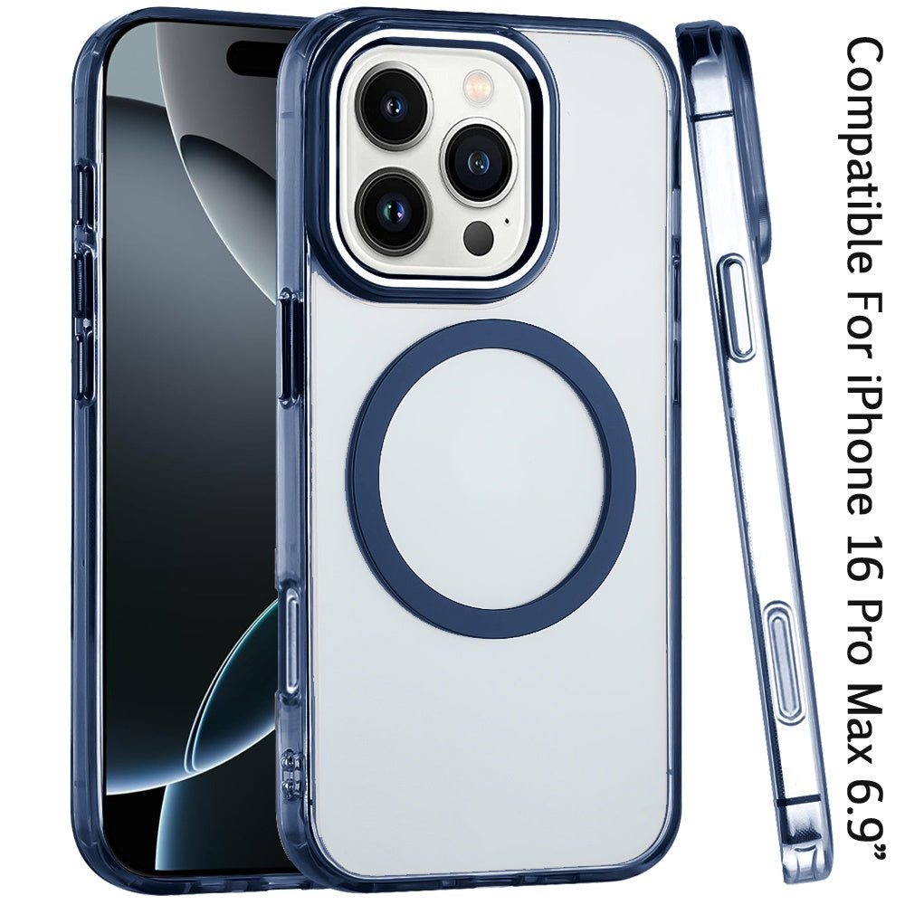 For iPhone 16 Pro Max (6.9") Transparent Back Hybrid Case - Magnetic Circle, Color Frame, Metal Buttons, MagSafe Compatible Protector