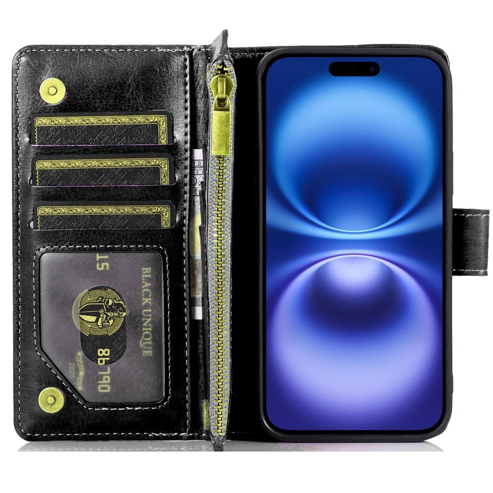 For Apple iPhone 11 Leather Wallet Case with Zipper, 9 Card Slots, Cash Pocket, Stand & Strap, Clutch Pouch Design Case Cover Black