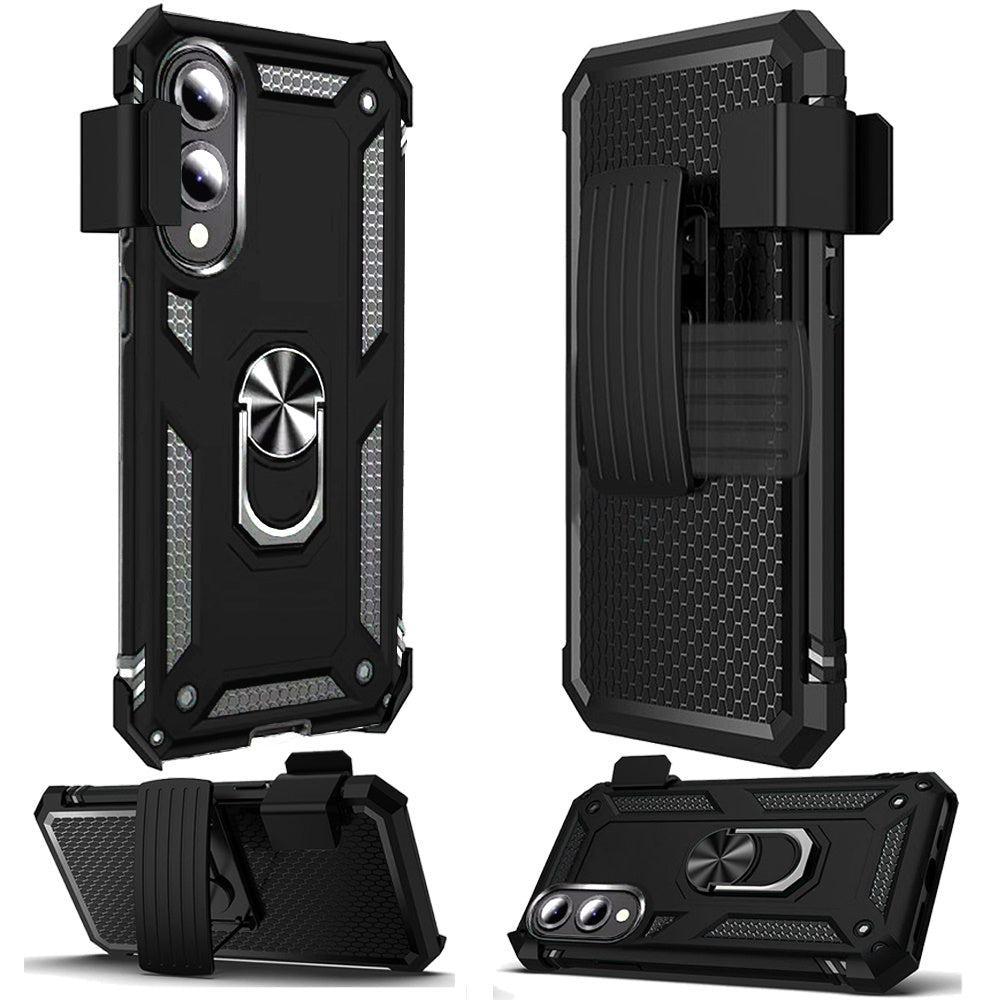 For Samsung Galaxy S25 EDGE Hybrid Combo Belt Clip Holster with Ring Stand Holder, Military Grade Fit Magnetic Car Mount Shockproof Case Cover Black