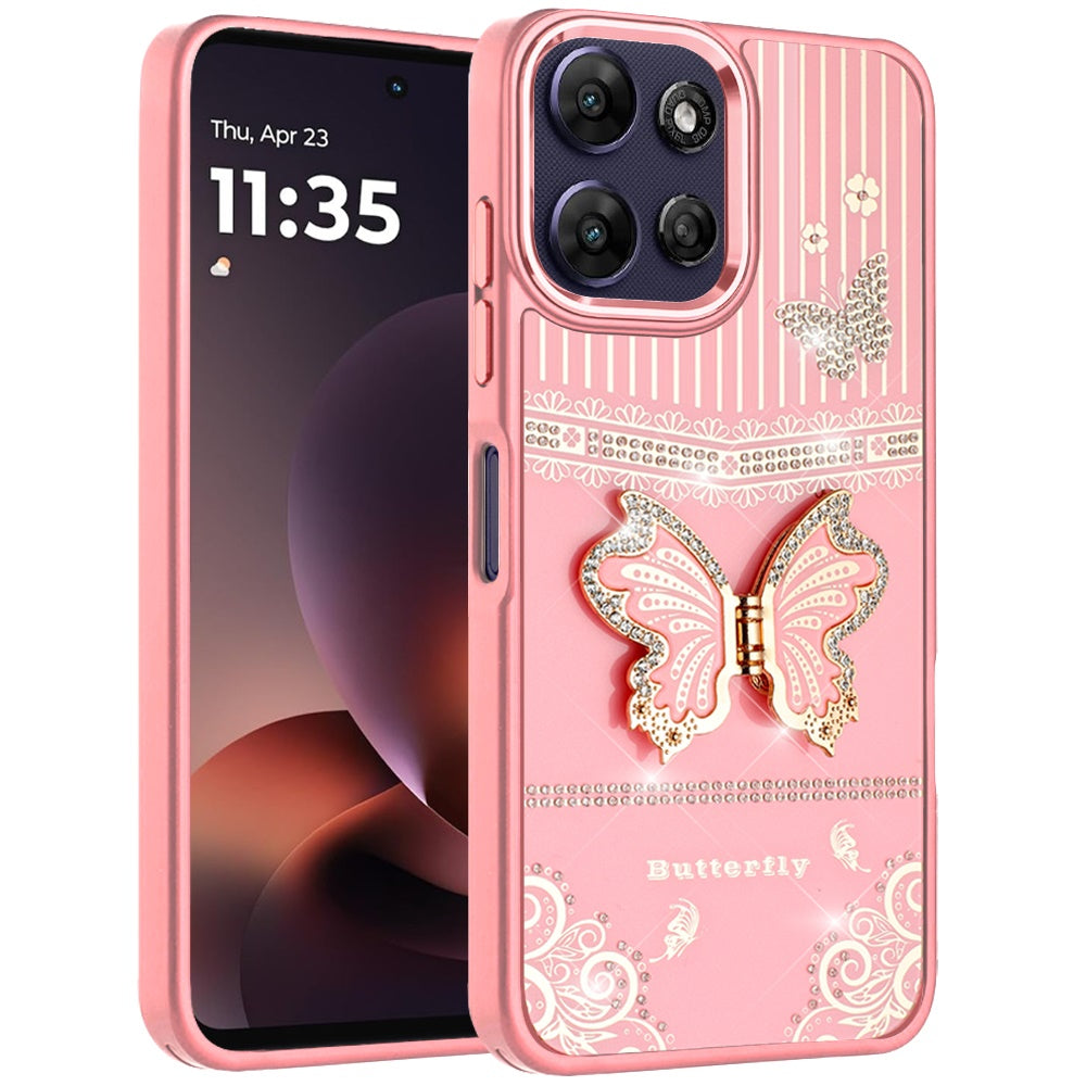 Phone Case for Motorola Moto G Power 5G 2026 /2025 Glitter Bling Butterfly Stand Metallic Edge Hybrid Shockproof Grip Durable Camera Protection Stylish Design Cover