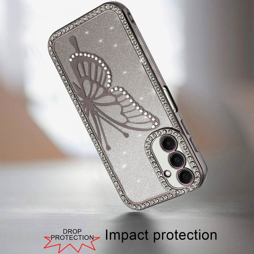 For Apple iPhone 17E /16E Butterfly Glitter Diamond Shimmer Hybrid Slim & Stylish Electroplated Sparkly Bling Shockproof TPU Protective Case Cover Black