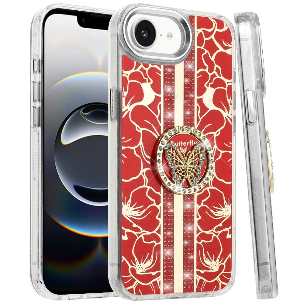 For Apple iPhone 17E /16E Diamonds 3D Butterfly Floral Design Bling Sparkly Glitter Hybrid Metal Fashion with Ring Stand Case Cover
