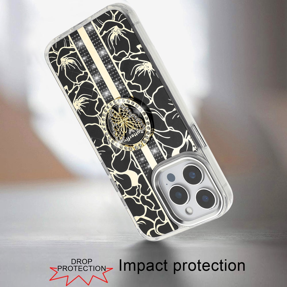 For Apple iPhone 17E /16E Diamonds 3D Butterfly Floral Design Bling Sparkly Glitter Hybrid Metal Fashion with Ring Stand Case Cover