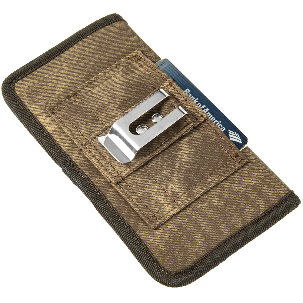 For Apple iPhone 16 Pro (6.3") Universal Horizontal Cell Phone Case Fabric Holster Carrying Pouch with Belt Clip and 2 Card Slots fit XLarge Devices [Brown Denim]