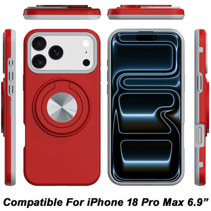 Phone Case for Apple iPhone 18 Pro Max Shockproof Magnetic Ring Stand Rotating CarMount Hybrid Metal Matte Finish AntiSlip Grip Kickstand Cover Red