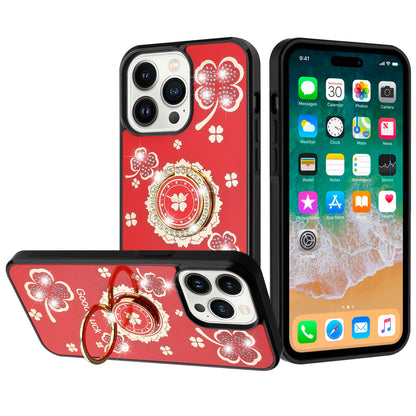For iPhone 16 (6.1") Diamonds 3D Fashion Floral Bling Sparkly Glitter Ornaments Engraving Hybrid with Ring Stand Case Cover Good Luck Floral Red