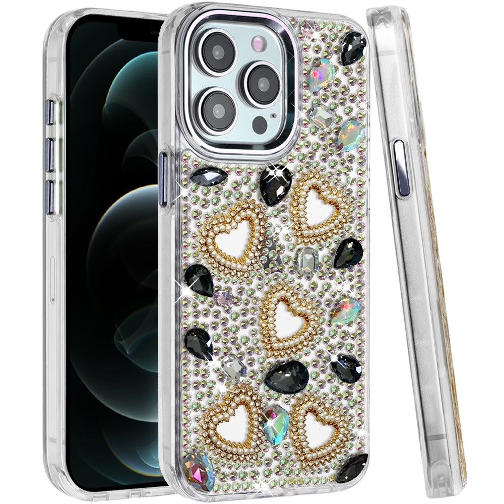 Phone Case for Apple iPhone 12 Pro Max Luxury Crystal Heart Rhinestone Diamond Bling Shockproof Hybrid Glitter Protective Stylish Durable Grip Cover
