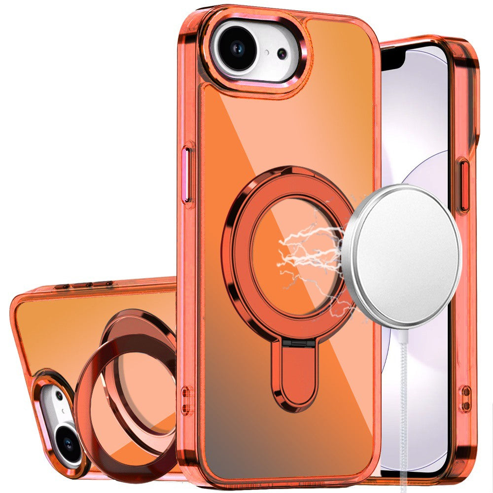 For Apple iPhone 17E /16E Chrome Hybrid with Rotating Magnetic Circle Ring Stand, Slim Shockproof Hybrid Case Cover Cosmic Orange
